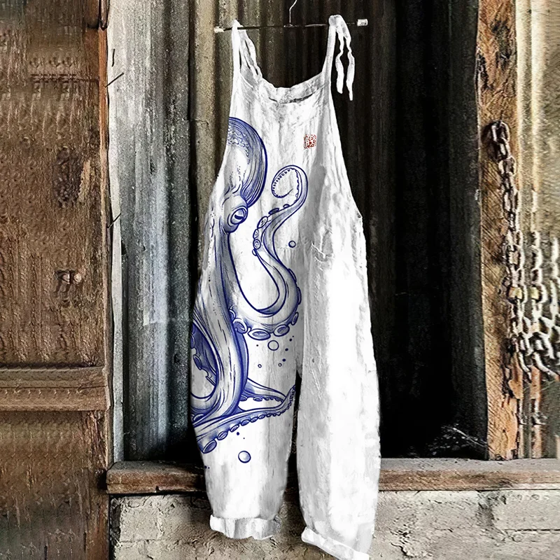 Japanese Art Vintage Octopus Print Casual Loose Jumpsuit