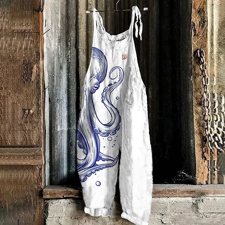 Japanese Art Vintage Octopus Print Casual Loose Jumpsuit