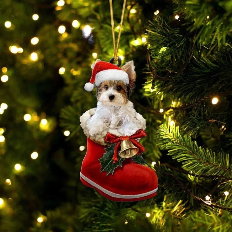 VigorDaily Yorkshire Terrier Parti In Santa Boot Christmas Hanging Ornament SB198
