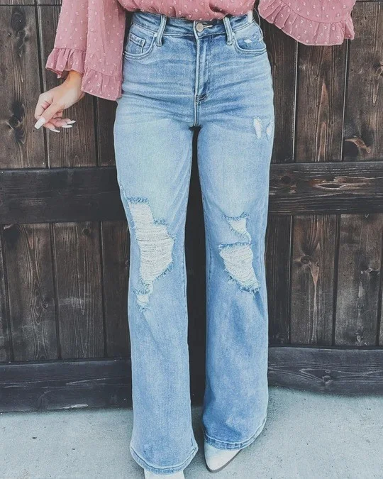 Women's Straight Distressed Denim Jeans Long Pants