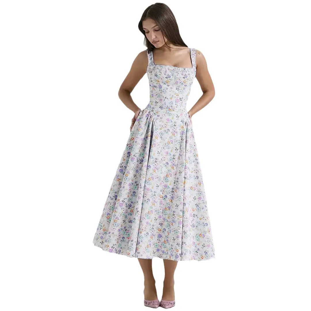 Brownm Brownm 24 Years Broken Flower Bohemian Wind Waist Show Thin Back Holiday Wind Sling Medium Long Dress 88104
