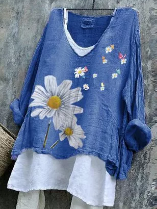 Daisy Print V Neck Long Sleeve Top