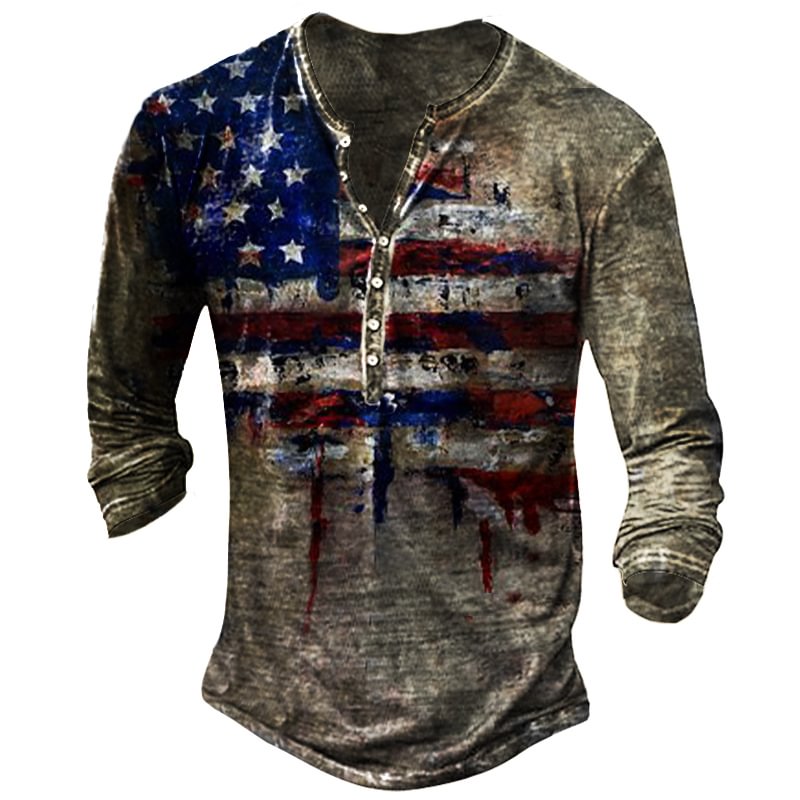 Mens American Flag Print Long Sleeve V-Neck Top / [viawink] /