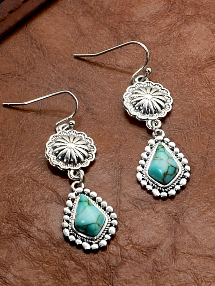 Retro Daisy Water Droplet Shaped Turquoise Earrings