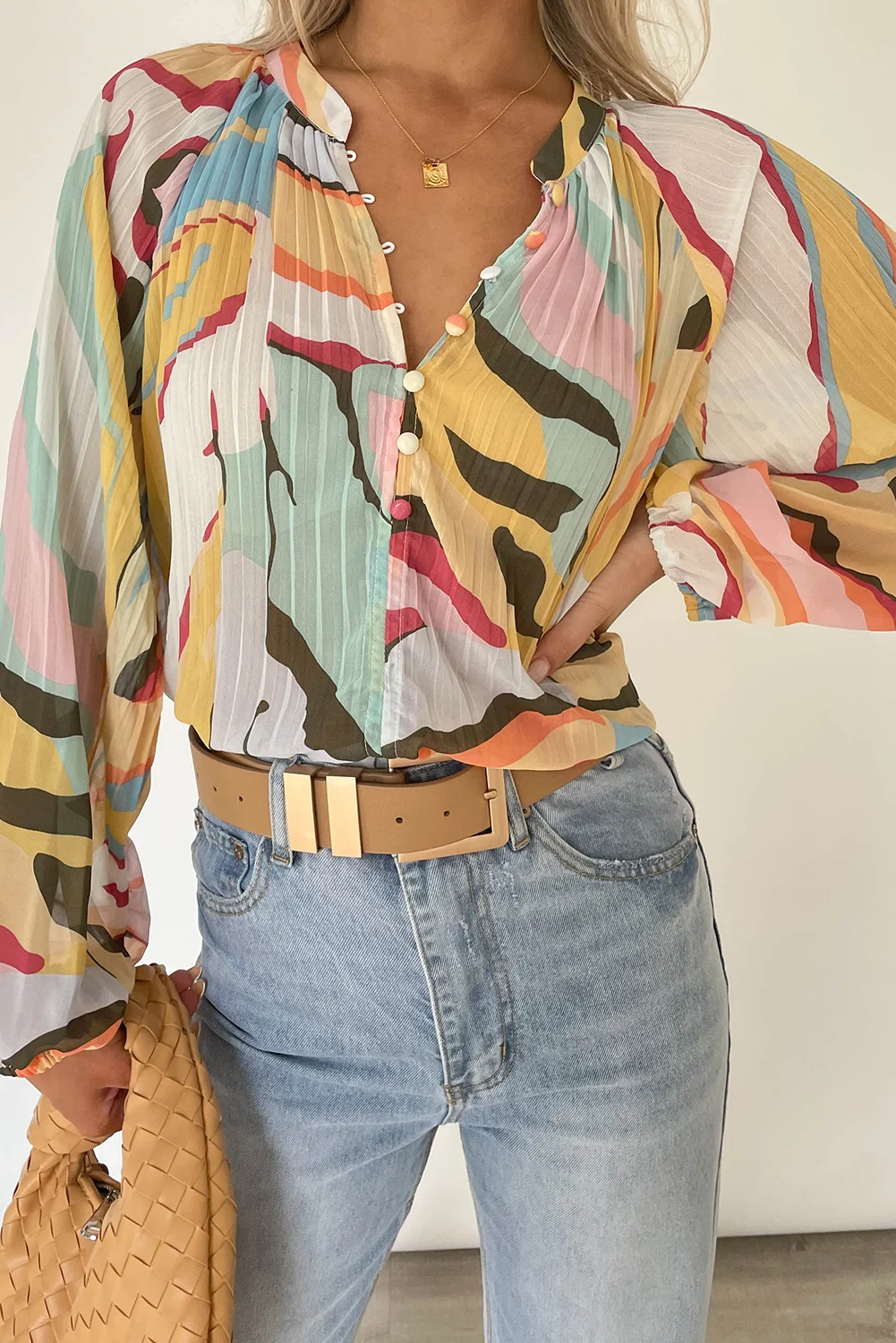 Multicolor Tropical Fish Skin Crinkle Long Sleeve Shirt | IFYHOME