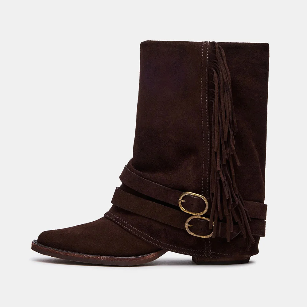 Dark Brown Block Heel Fold Over Buckle Fringe Ankle Boots for Women