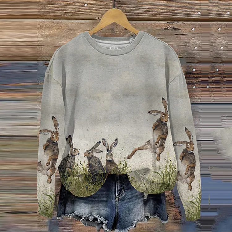 VChics Rabbit Print Crew Neck Long Sleeve Sweatshirt