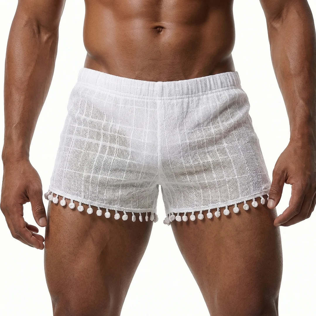 Men's Basic Casual Shorts, Tassel Patchwork Linen Shorts-INSPIREUSE