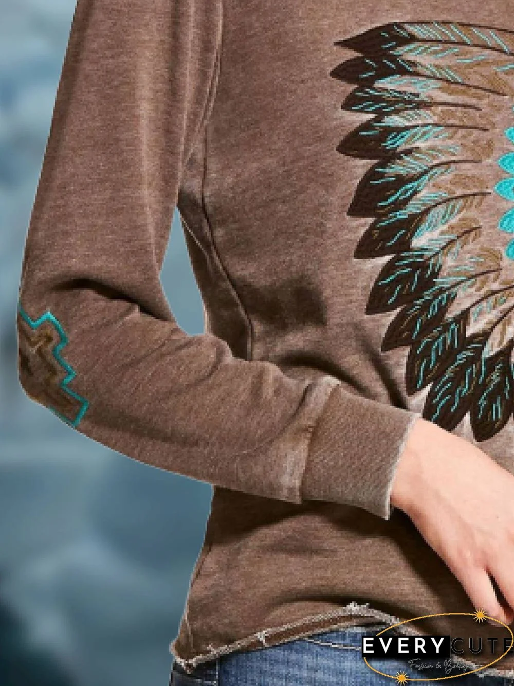 Round Neck Cotton-Blend Long Sleeve Color-Block Shirts & Tops