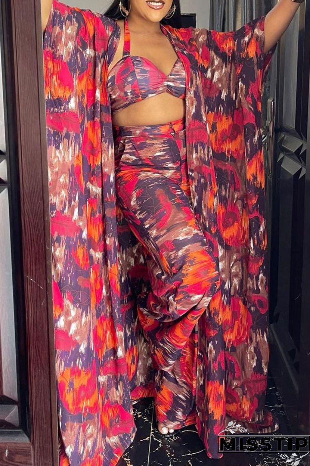 Burgundy Casual Print Patchwork Halter Long Sleeve Four Pieces(Contain The Scarf)