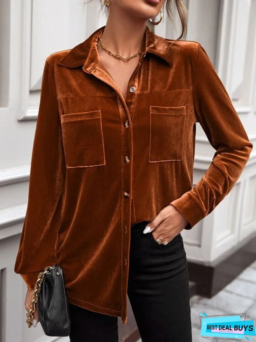 Shirt Collar Pleuche Casual tunic Blouse