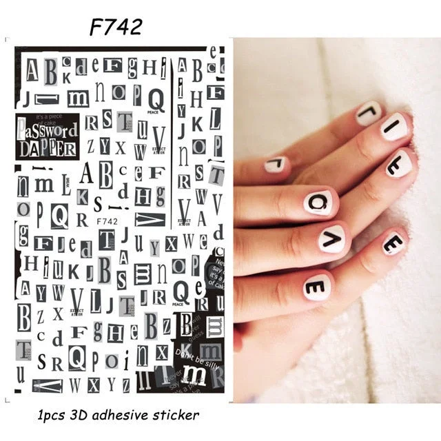 Nail Stickers Back Glue Black White Butterfly Punk Style Alphabet Lineart Designs Nail Decal Decoration Tips For Beauty Salons