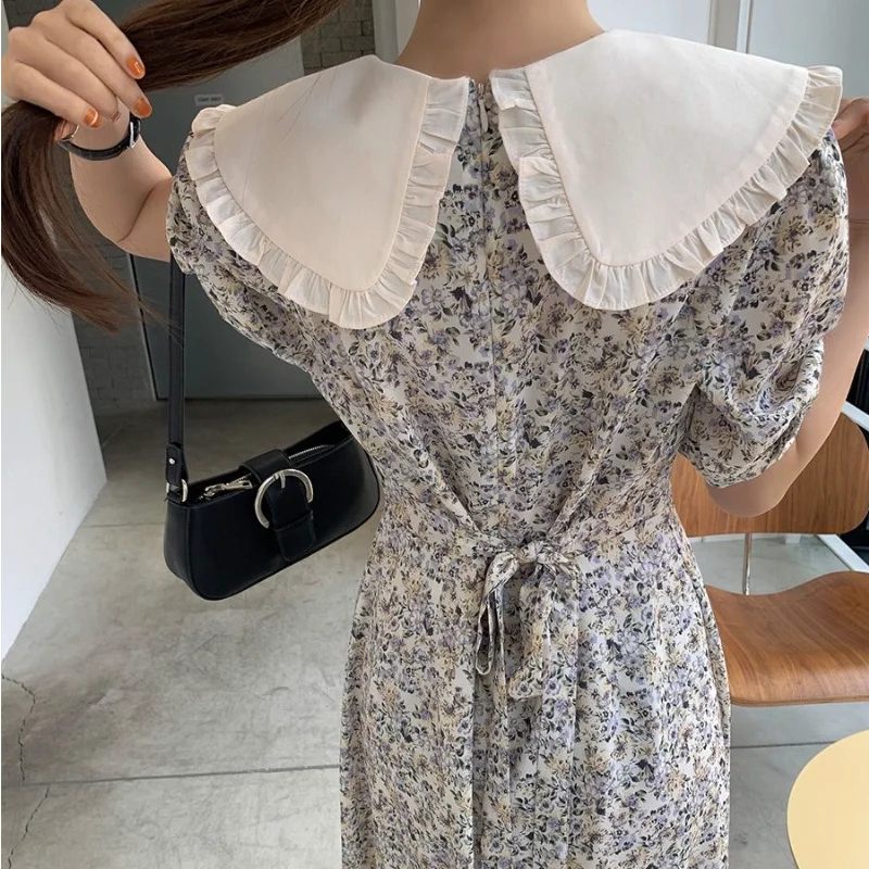 Dress Women Floral Edible Tree Fungus Summer Fashion Vintage Peter Pan Collar Short Sleeve Female Harajuku Preppy Style Elegant