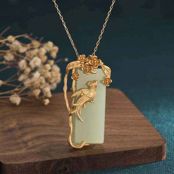 Natural Jade Golden Magpie Flower Pendant Necklace