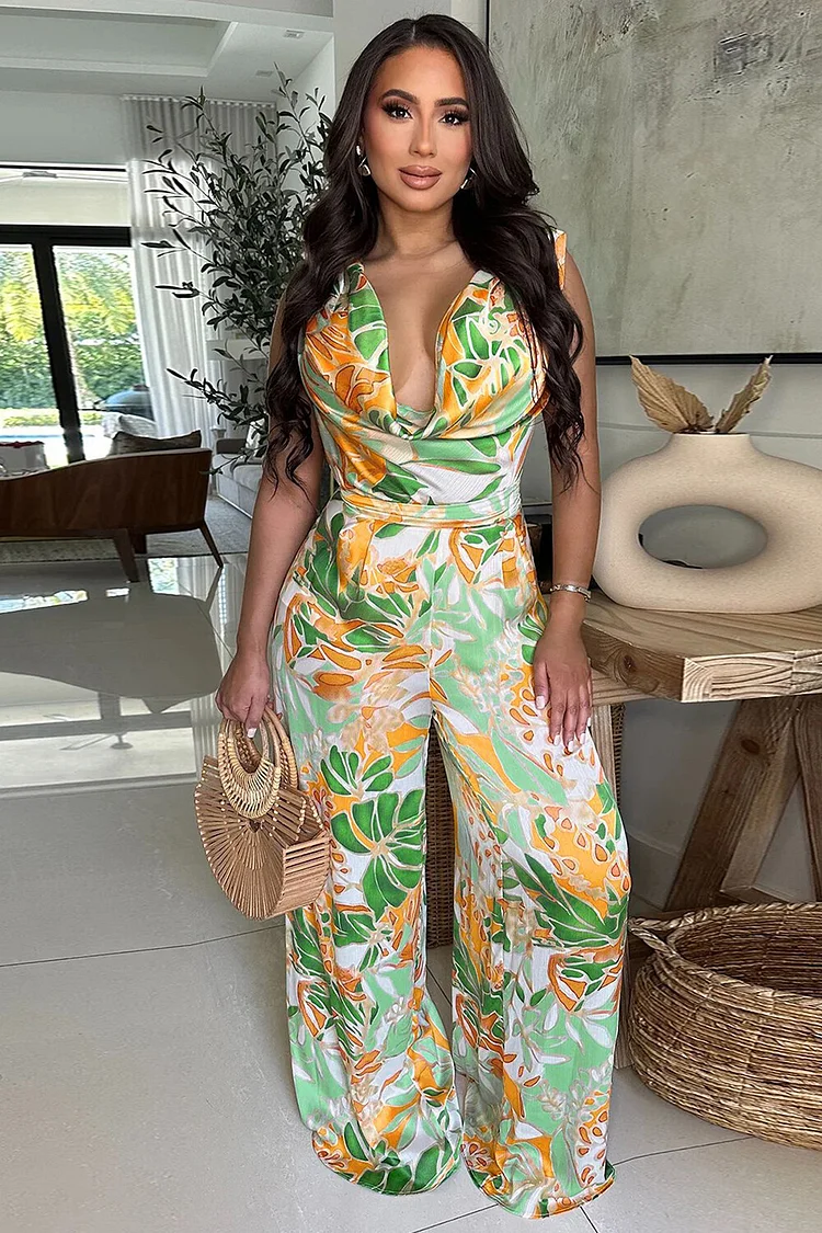 Floral Print Cowl Neckline Wide Leg Sleeveless Vacation Jumpsuit-Green