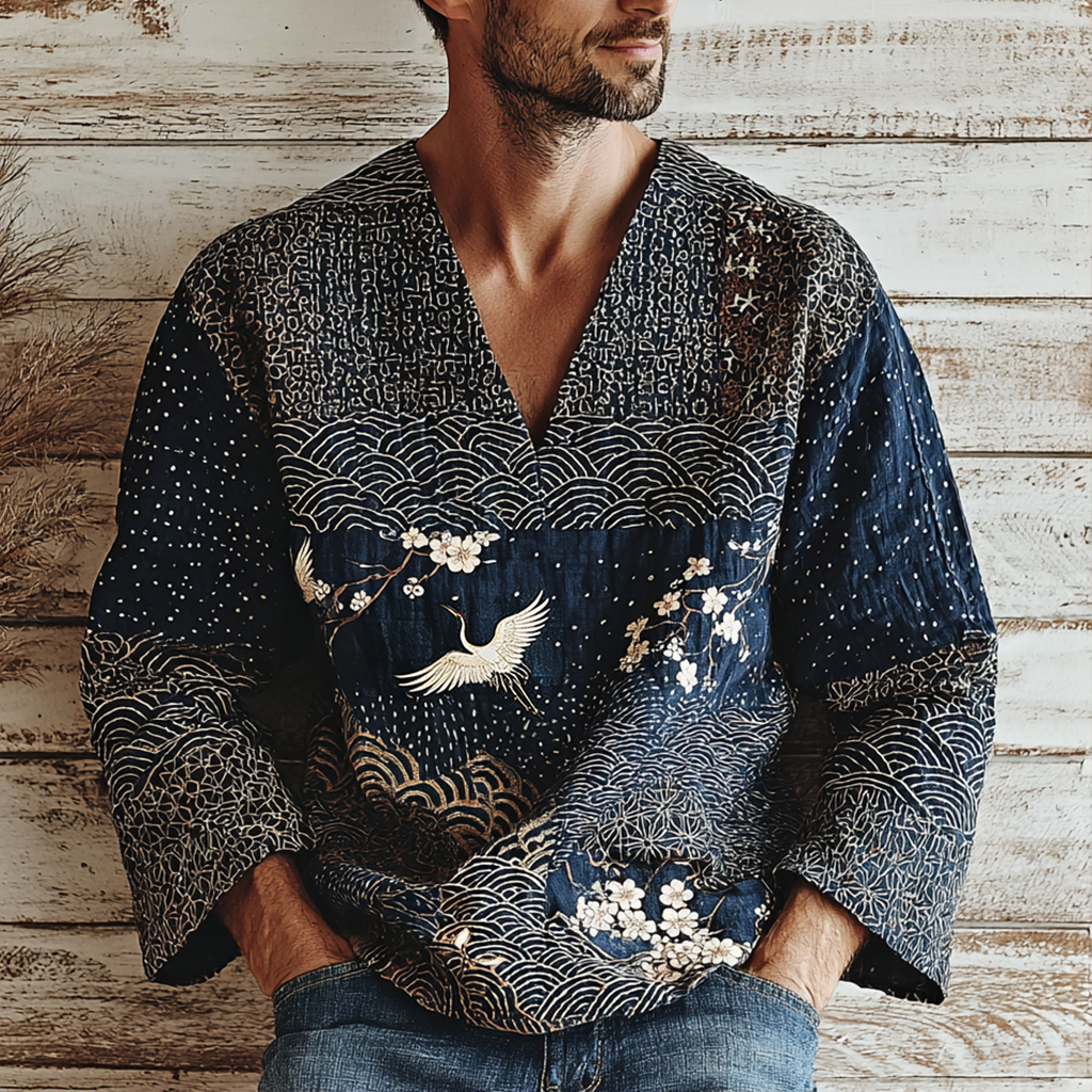 Men's Japanese Crane Pattern Linen Short-sleeve V-neck Shirt  artssus