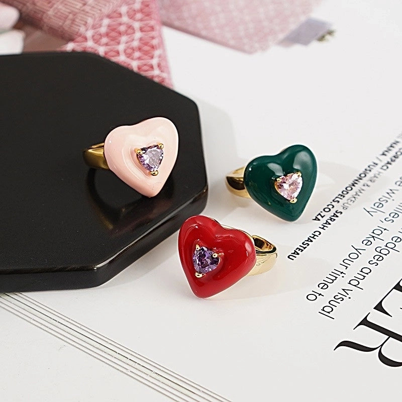 Copper Gold Plated Silver Plated Classical Retro Inlay Heart Shape Zircon Open Rings