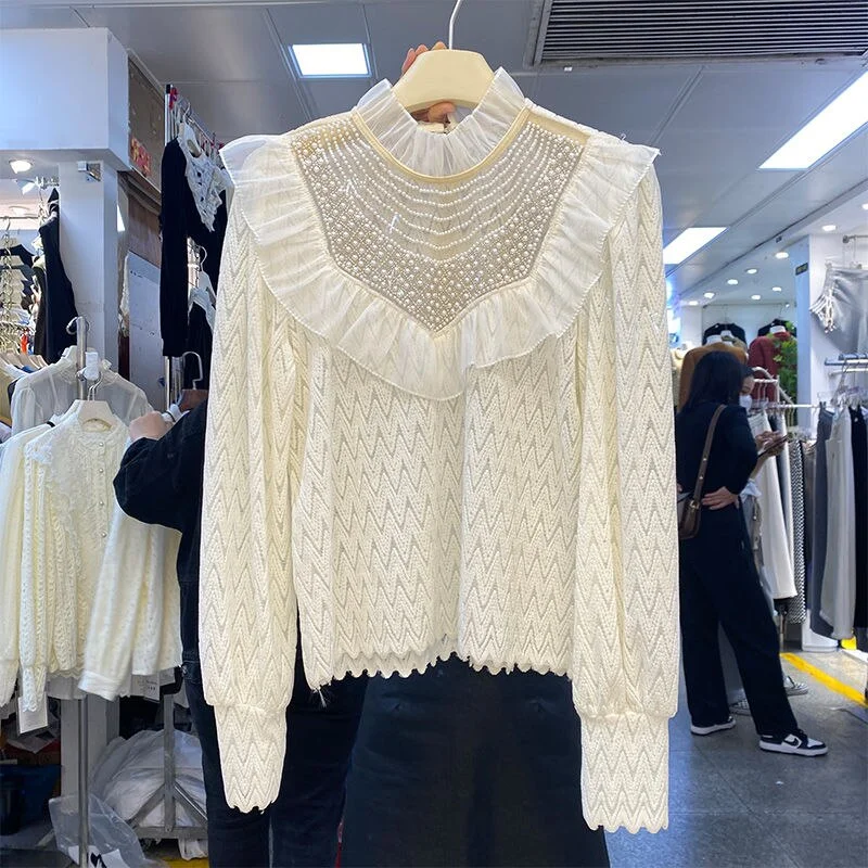 Court Style Women's Layered Chiffon Shirt Spring Sweet Ruffles Sleeve Pearl Button Top White Mesh Blouses
