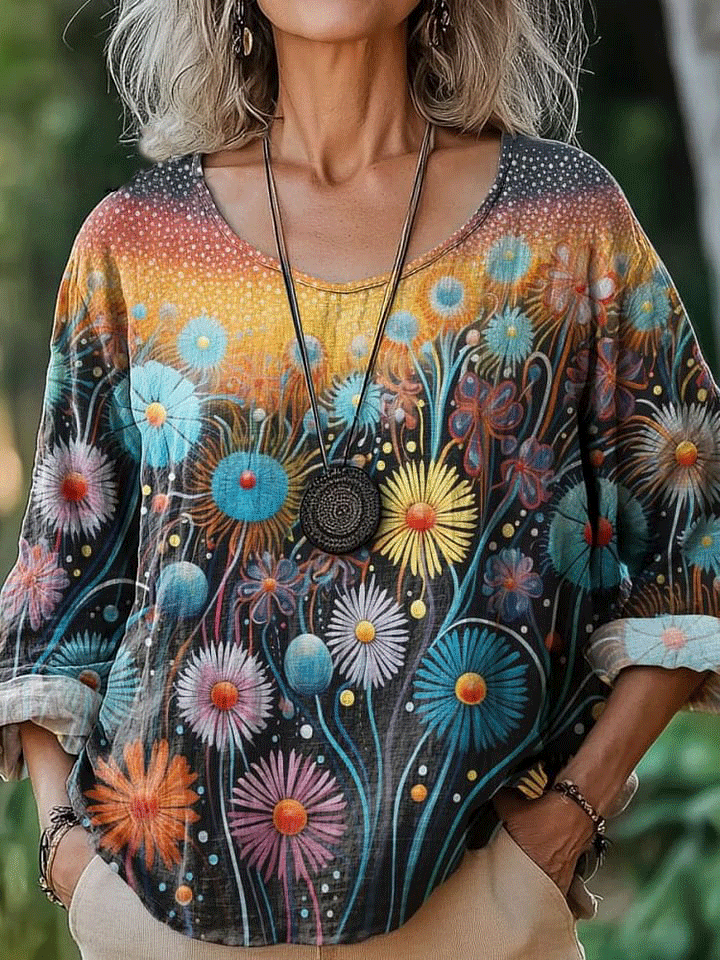 Women's Vintage Colorful Dandelion Art Print Casual Cotton And Linen Shirt