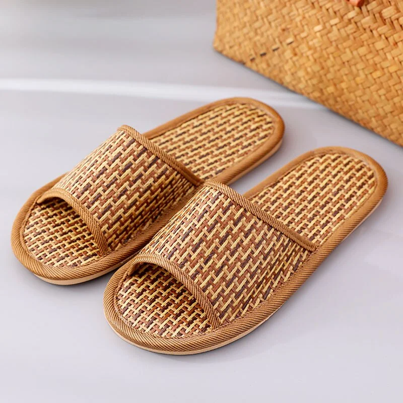 Four Seasons Rattan Female Slippers Non-Slip Bamboo Woven Couple Models Home Soft Slippers Indoor Wooden Floor Women Slippers