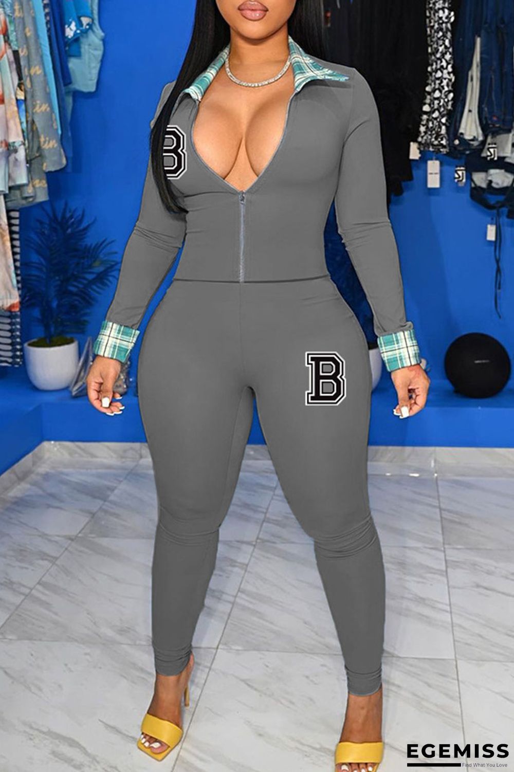 Grey Casual Print Patchwork Turndown Collar Long Sleeve Two Pieces | EGEMISS