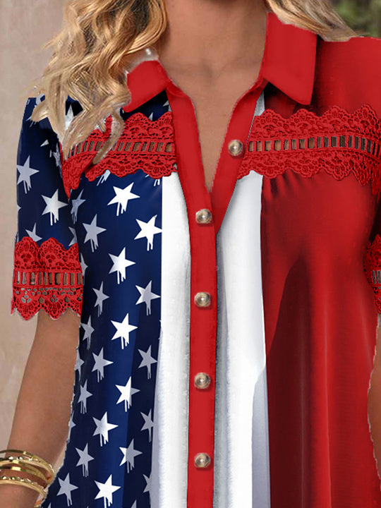 Women's Short Sleeve V-neck Lace Stitching Hollow Graphic Top