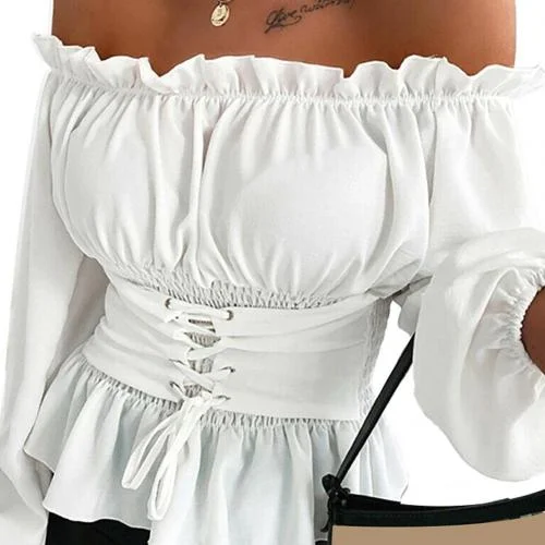 Women Shirt Jacket Coat Autumn Casual Solid Color Long Sleeve Ruffled Hem Off Shoulder Top Blouse