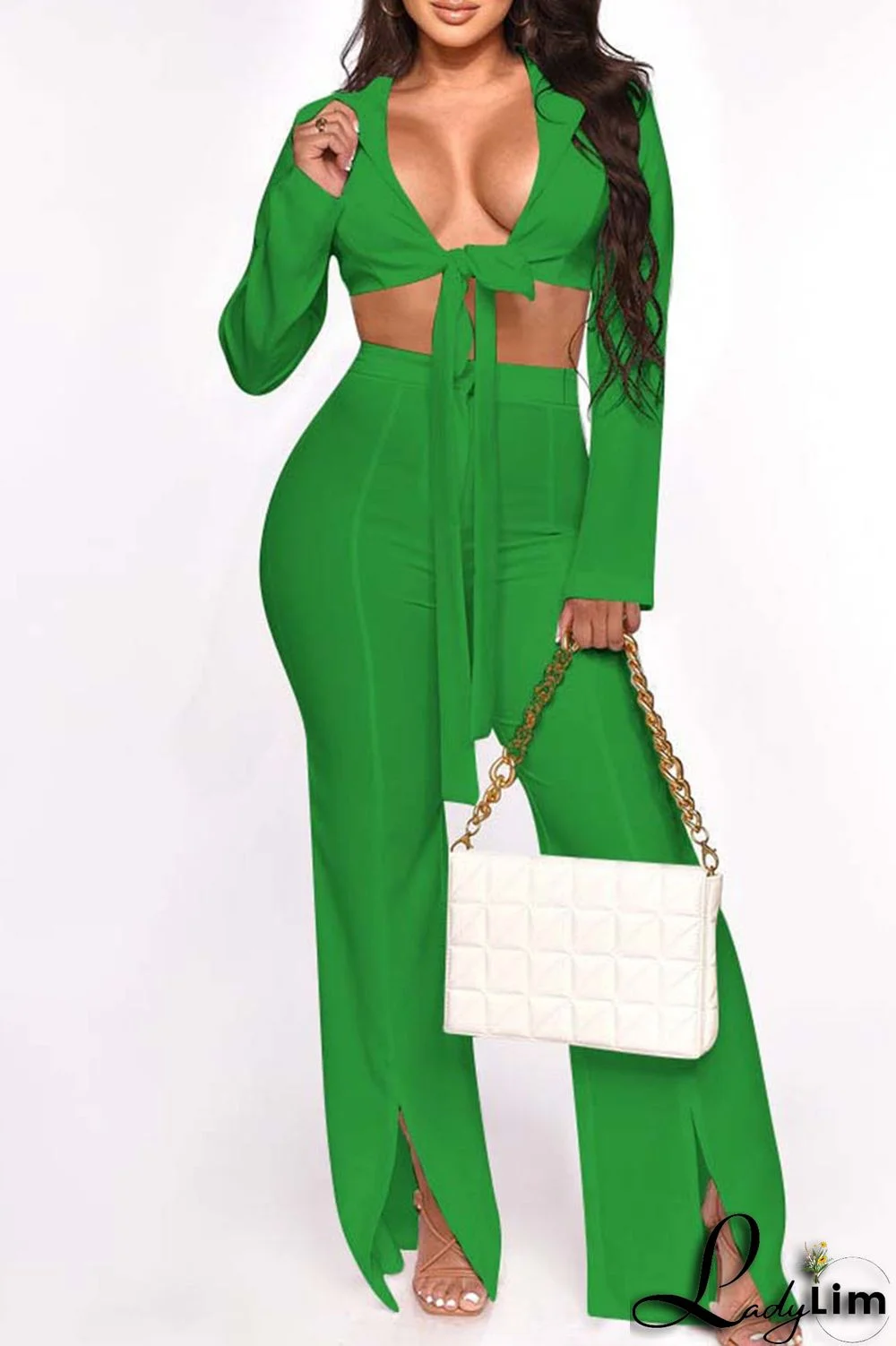 Green Sexy Solid Bandage Patchwork V Neck Long Sleeve Two Pieces