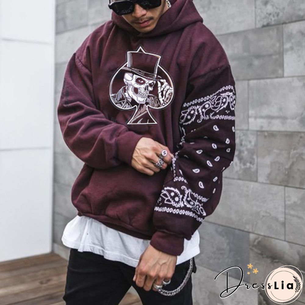 Men's Street Fashion Poker Skull Print Hooded Sweatshirt