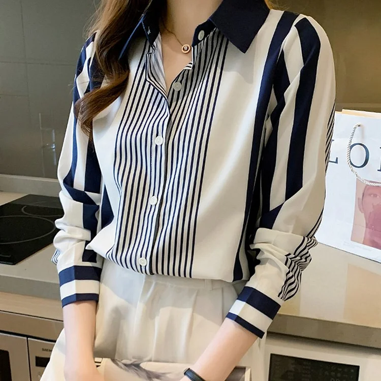 Blue White Striped Printed Long Sleeve Shirts & Tops QueenFunky