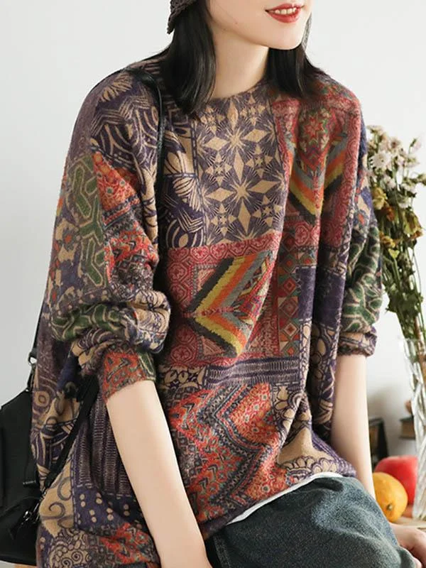 Ethnic Style Round Neck Print Sweater