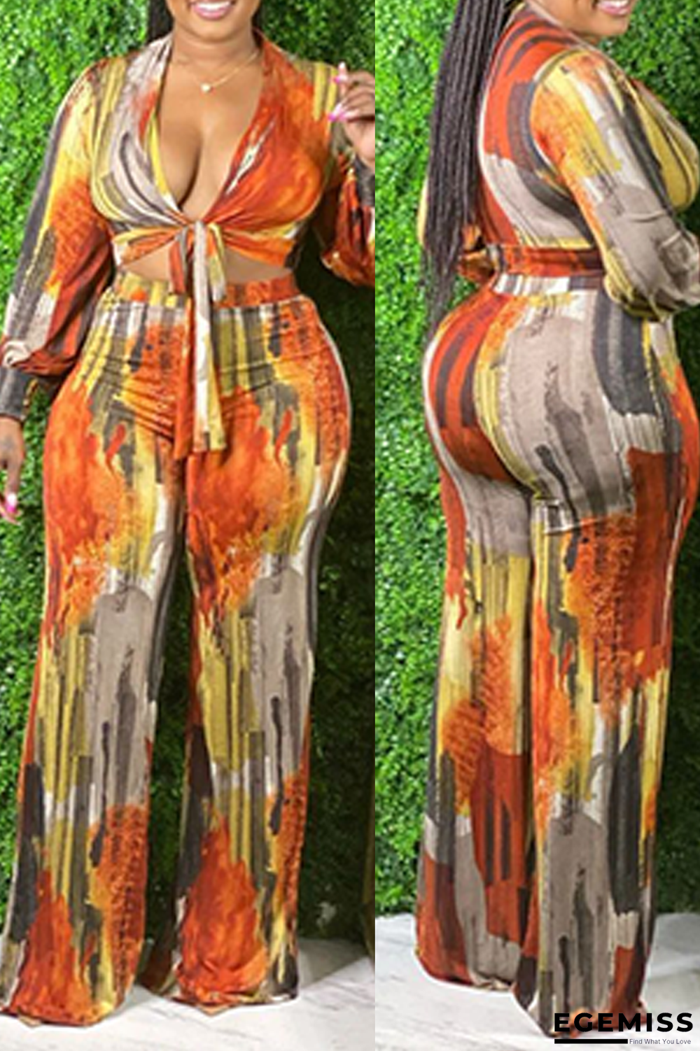 Coffee Casual Patchwork Tie-dye V Neck Plus Size Two Pieces | EGEMISS