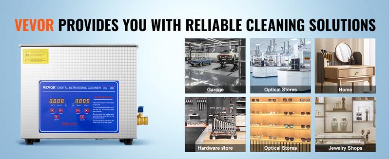 Product Introduction of VEVOR Professional Ultrasonic Cleaner. Various specifications. Ultrasonic Jewelry Cleaner with Digital Timer & Heater. Stainless Steel Industrial Sonic Cleaner for Glasses. Watches. Rings. Small Parts 11