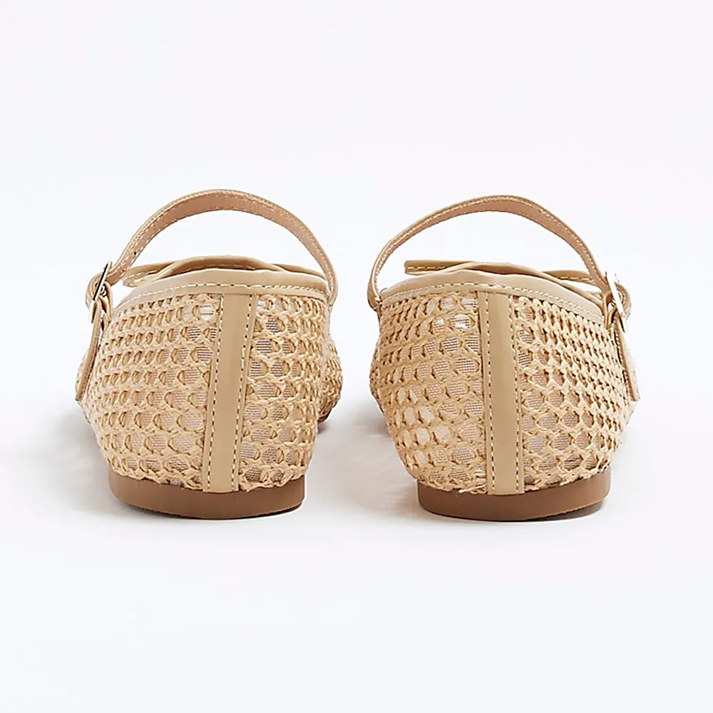 YDN Beige Raffia Round Toe Bow Decor Cut-Out Mary Jane Flats