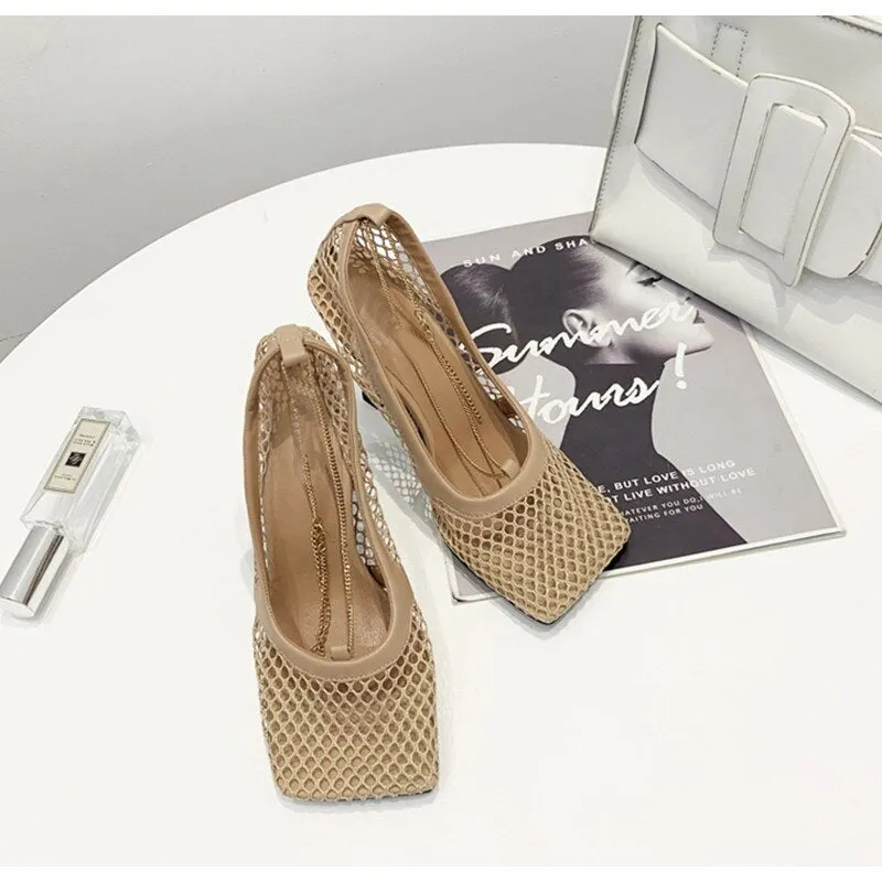 2020 Runway style Women Pumps Fashion Square toe chains thin heeled Summer High heels Elegant Hollow out Mesh Office Lady Shoes