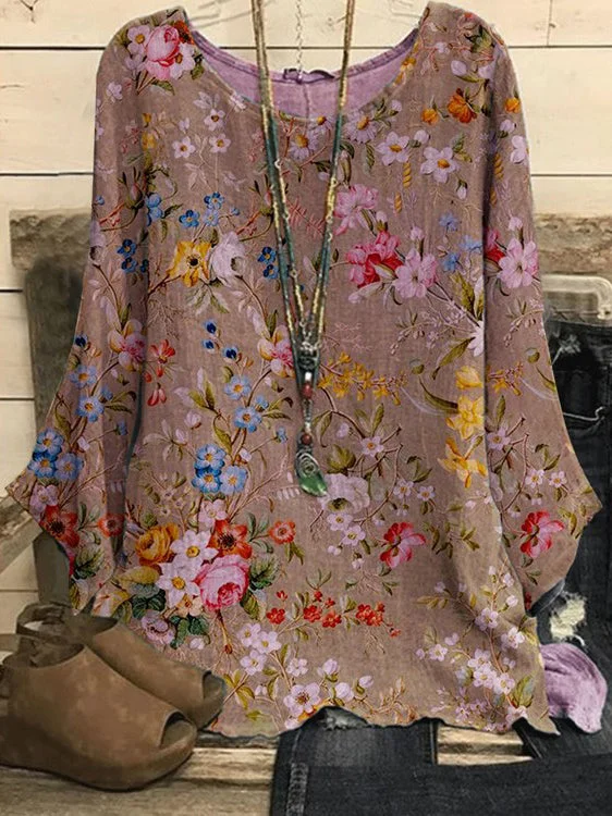Casual Round Neck Floral Print Top