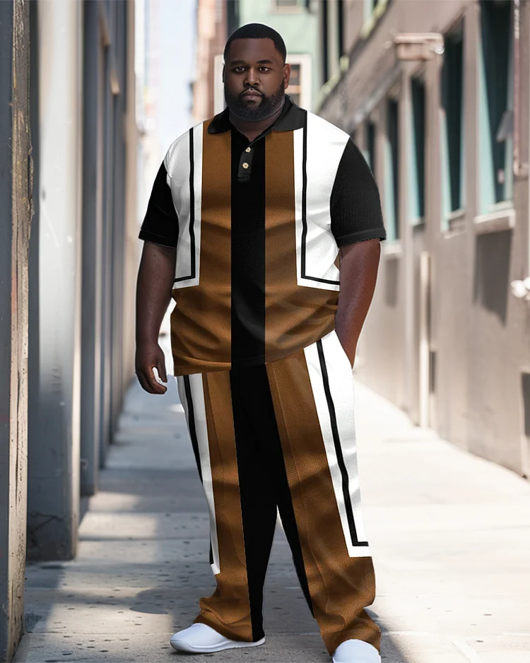 Men's Plus Size Simple Stripe Colorblock Polo Shirt Trousers Suit