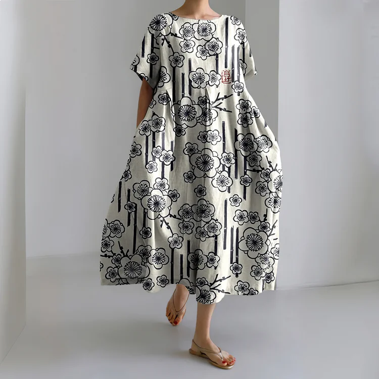 VChics Japanese Art Cherry Blossom Print Short Sleeve Loose Midi Dress