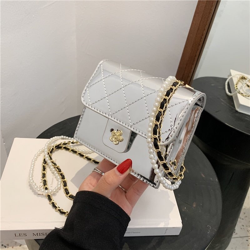 Lattice Mini Square Crossbody bag 2021 New Patent Leather Women's Designer Handbag Pearl Chain Shoulder Messenger Bag Purses