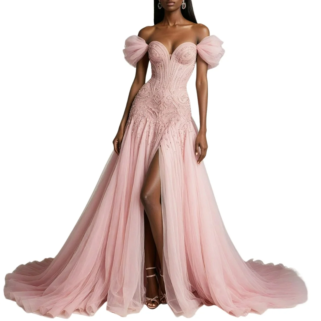 Daisda Sleeveless Embroidery Strapless V-Neck Off-Shoulders Prom Dress