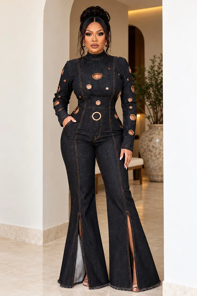 Denim High Neck Eyelet Cutout Slit Flare Leg Jumpsuit-Black [Pre Denim High Neck Eyelet Cutout Slit Flare Leg Jumpsuit-Black [Pre