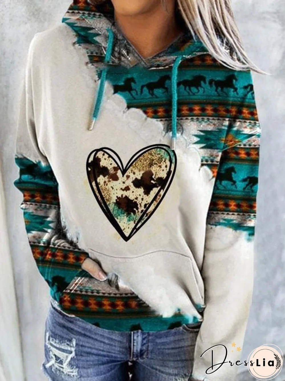 Round Neck Bohemia Printed Hoodie With Hat