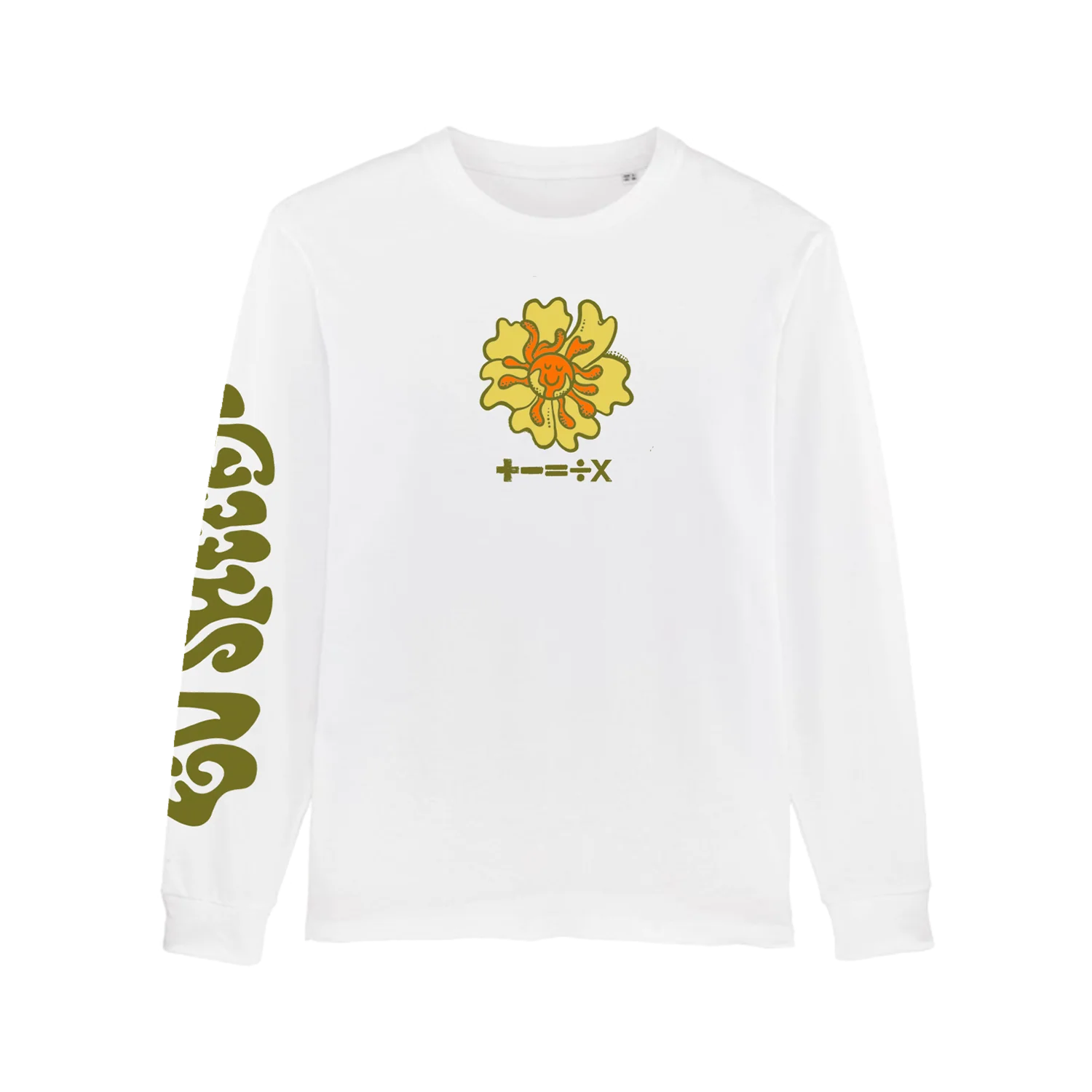 "Ed Sheeran x KidSuper white graphic long sleeve t shirt with flower and symbol print"