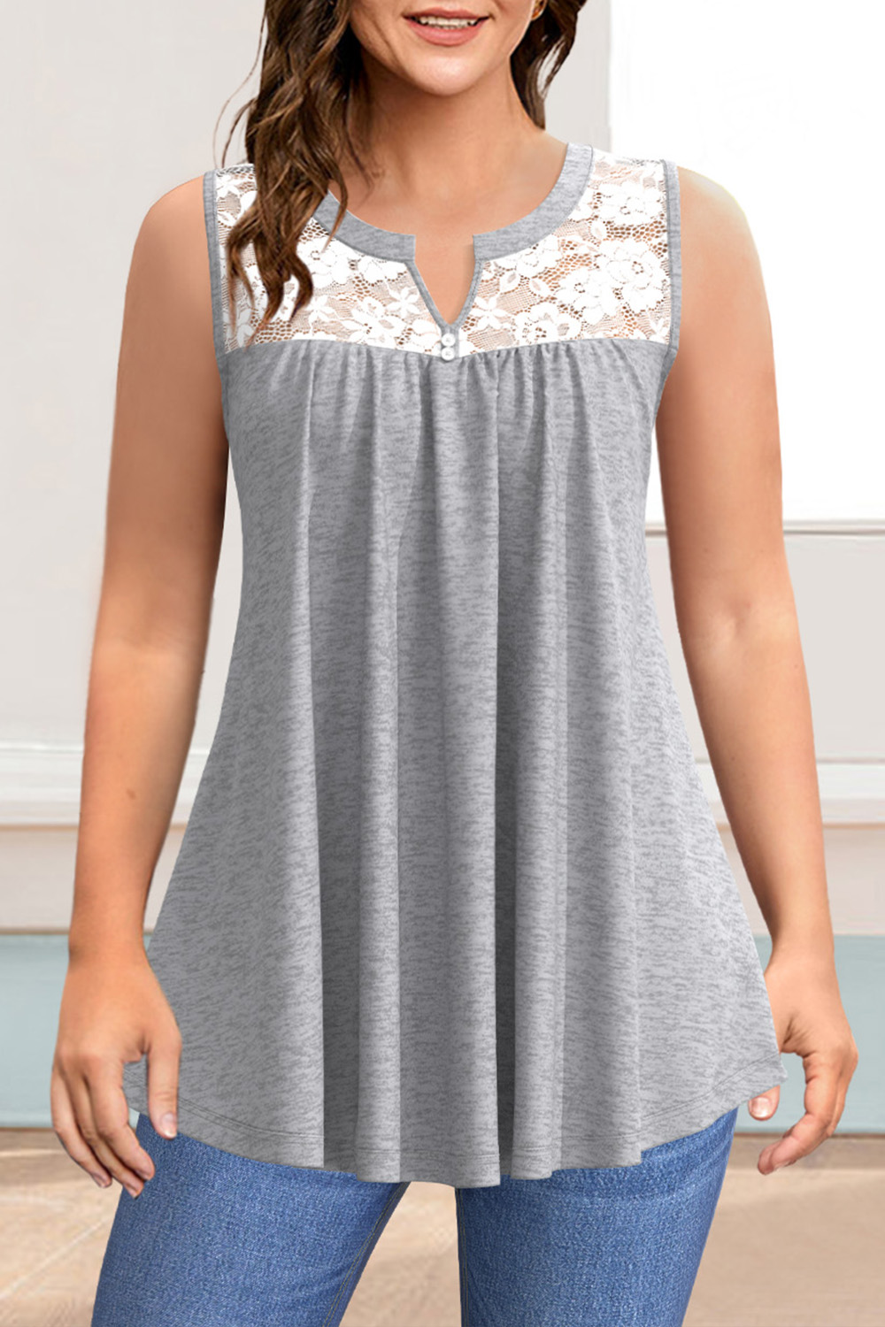 Flycurvy Plus Size Casual Grey Lace Stitching Decorative Button Fold Tank Top 2024 - Flycurvy 