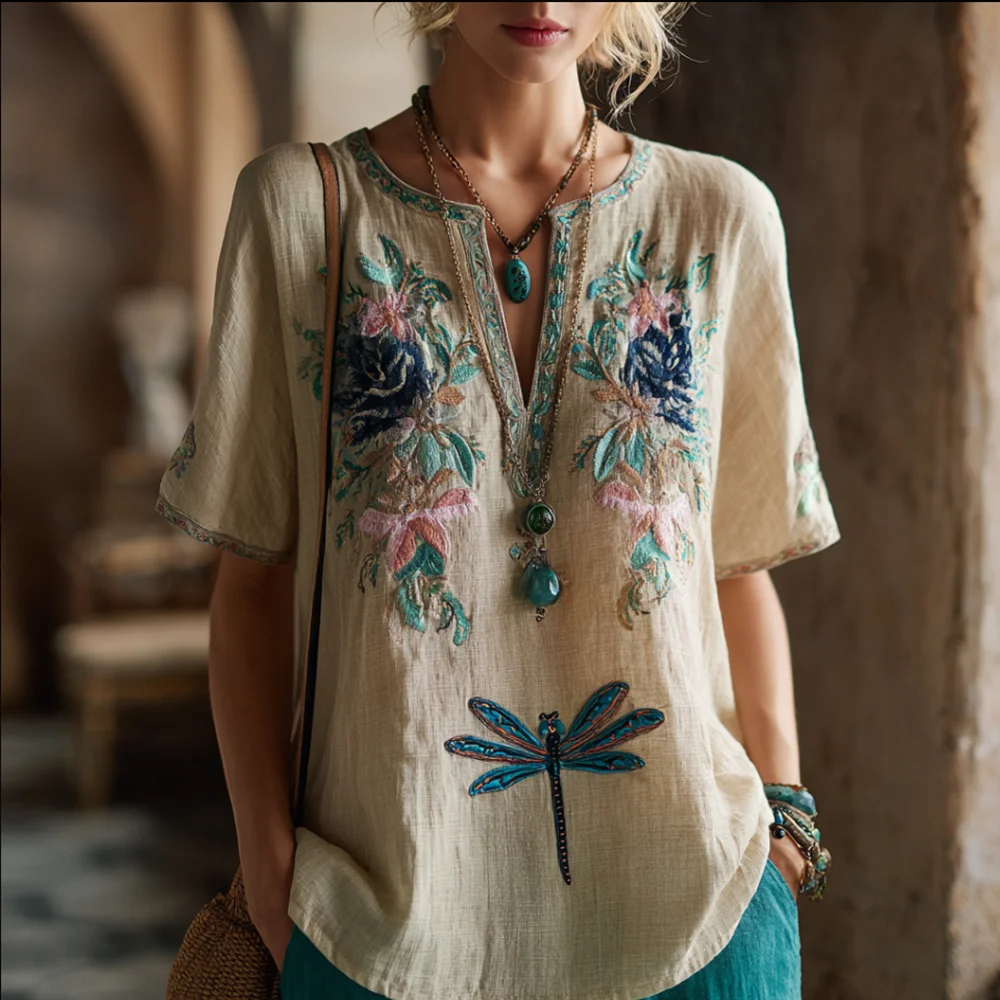 Bohemian Style Light Blue Dragonfly Three-dimensional Embroidery V-neck Short-sleeved Shirt