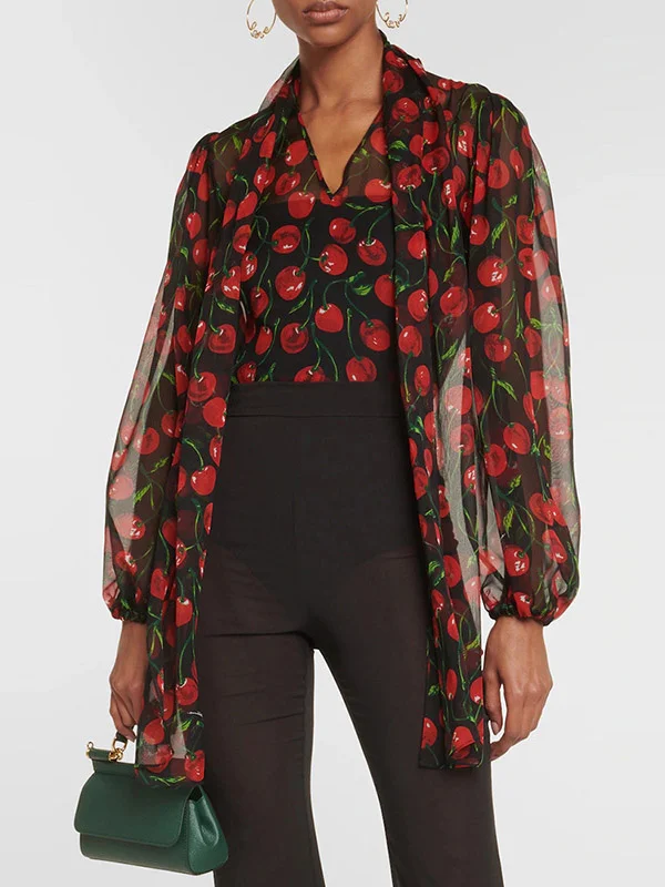 See-Through Flower Print Loose Long Sleeves V-neck Blouses&shirts Tops