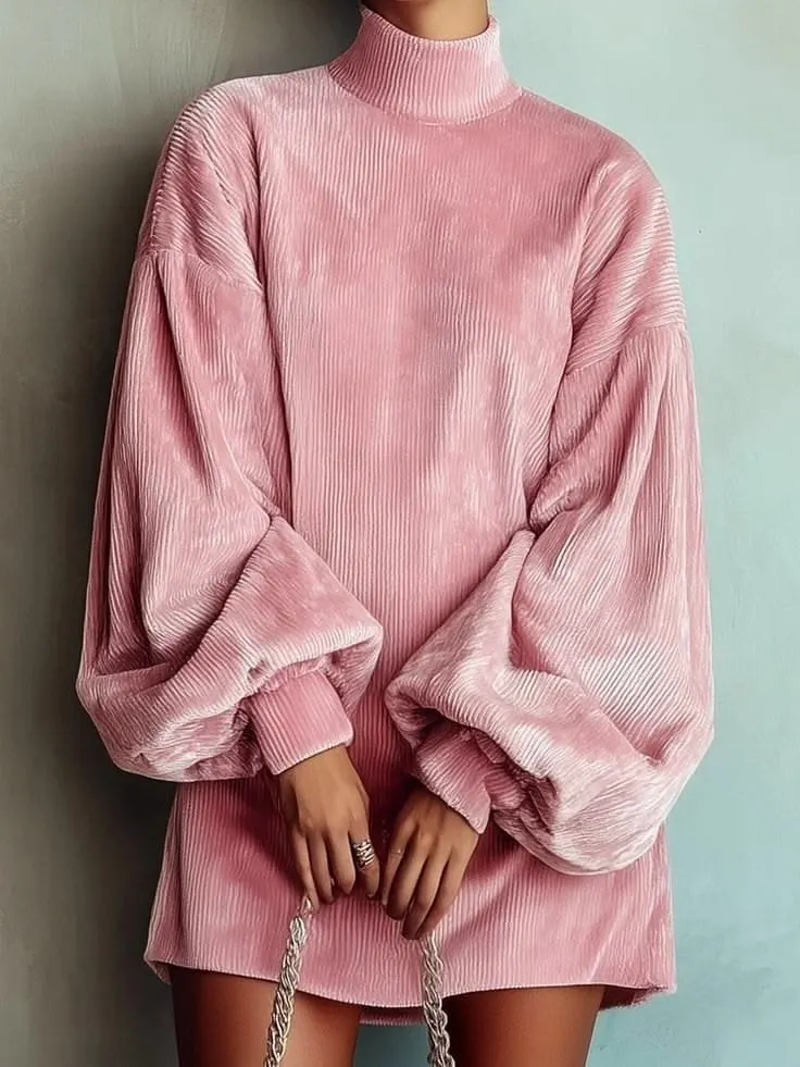 Women's Pink Corduroy Turtleneck Mini Dress