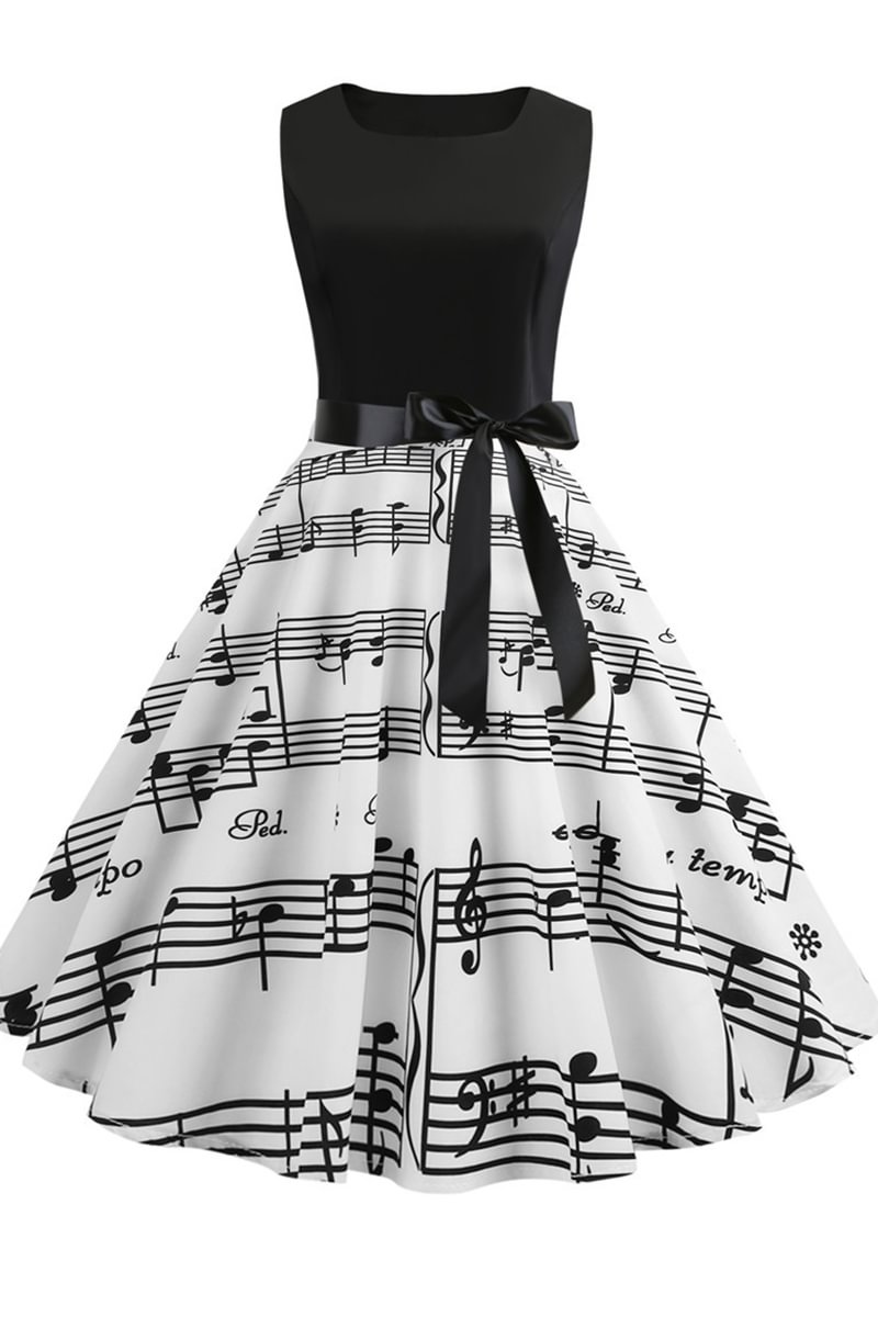 1950s Retro Note Polka Dot Print Sleeveless A-Line Midi Dress