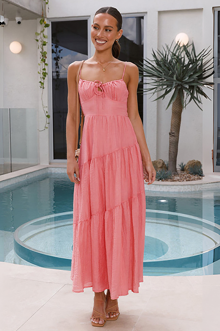 Front Tie Up Spaghetti Strap A-Line Flowy Shirred Maxi Dresses-Pink