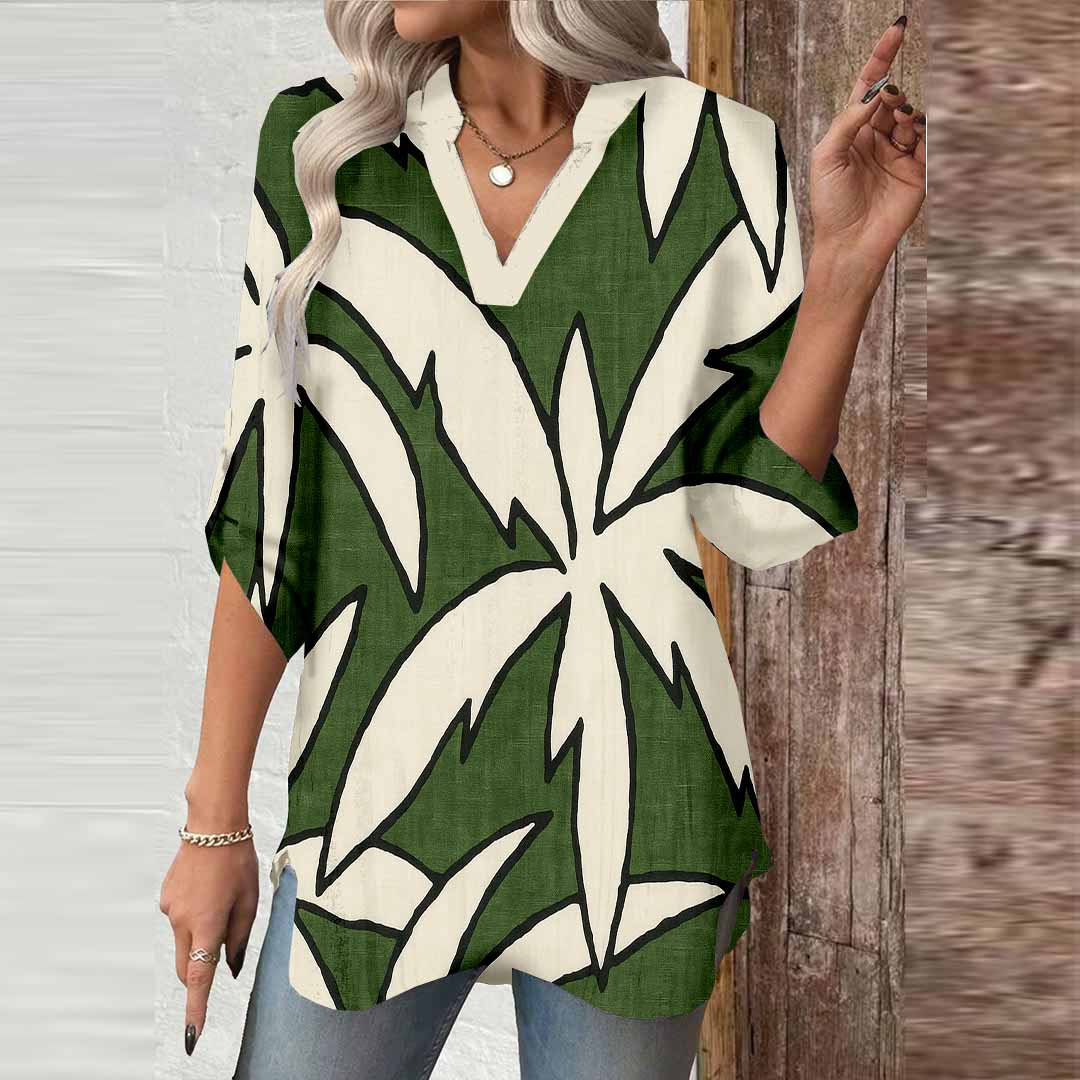 Women Tropical Green DZGA0277 3/4 Sleeve V-neck Printed Graphic Button Tops